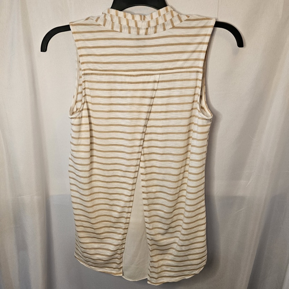 NWT WHITE HOUSE BLACK MARKET Sz M STRIPE SURPLICE OVERLAY TOP FAWN ECRU - Picture 2 of 7